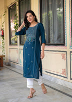 Juniper Blue Viscose Geometric Printed Kurta with Ethnic Motifs & Thread Work | Grocsy