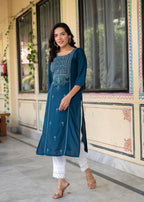 Juniper Blue Viscose Geometric Printed Kurta with Ethnic Motifs & Thread Work | Grocsy