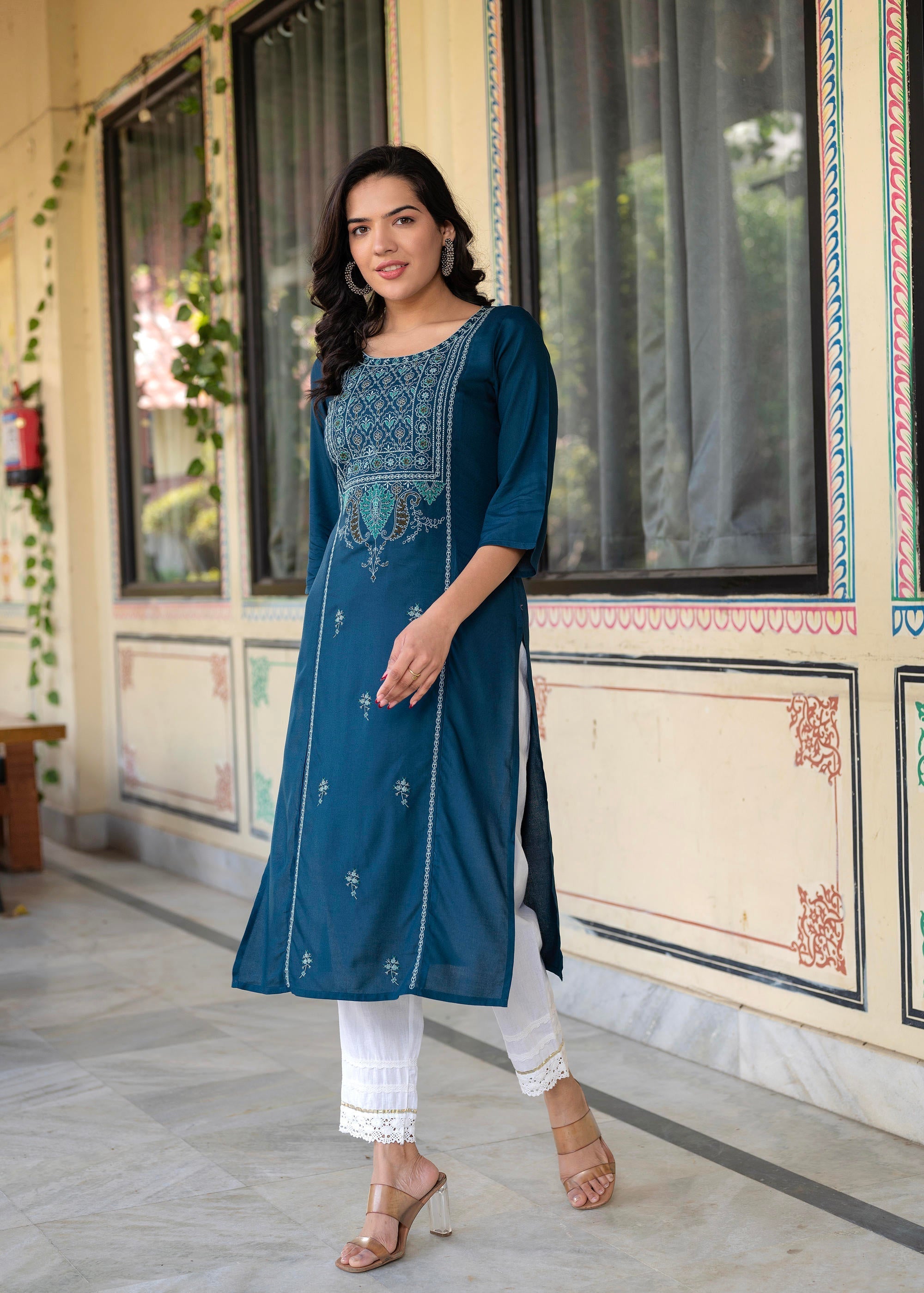 Juniper Blue Viscose Geometric Printed Kurta with Ethnic Motifs & Thread Work | Grocsy