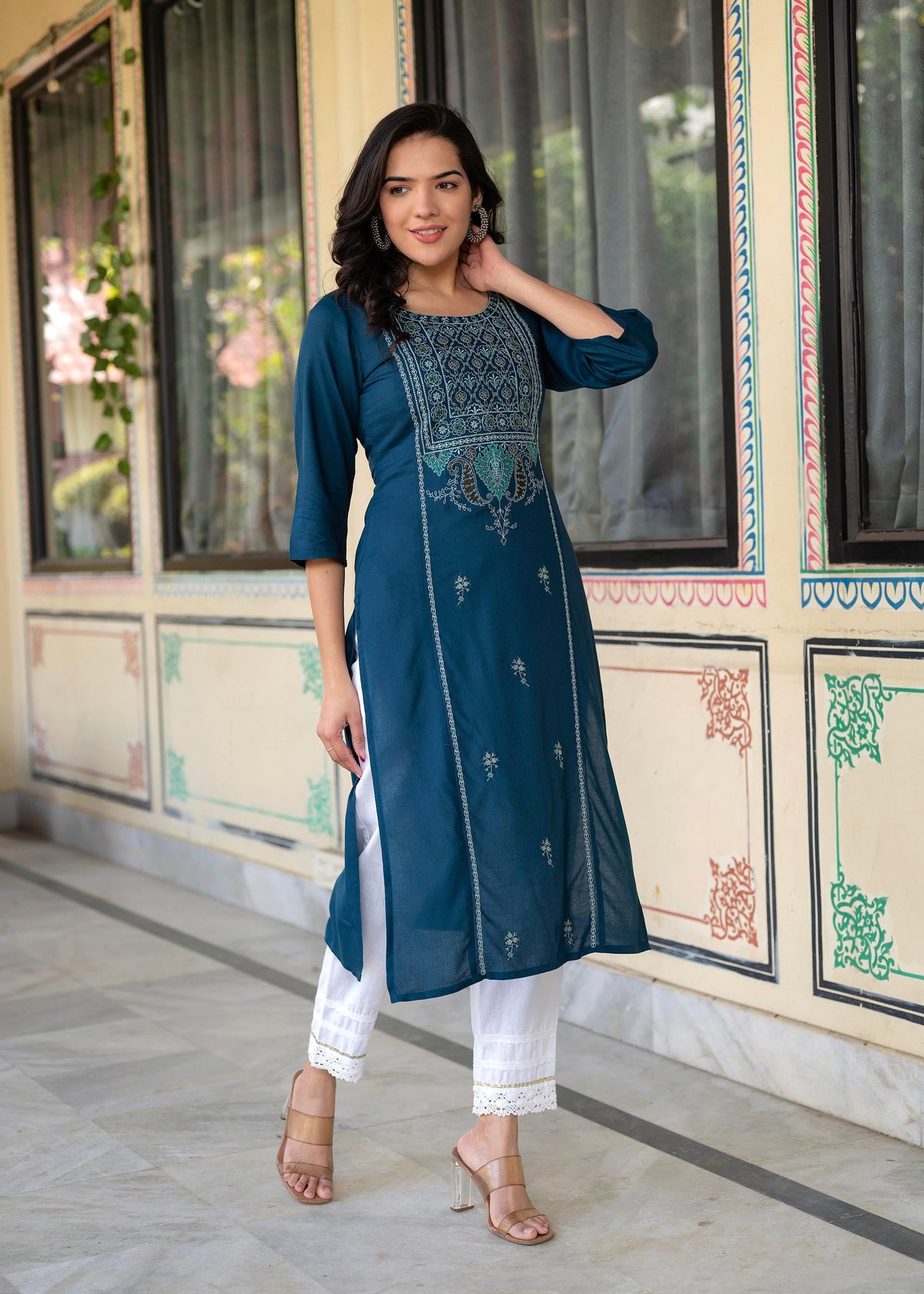 Juniper Blue Viscose Geometric Printed Kurta with Ethnic Motifs & Thread Work | Grocsy