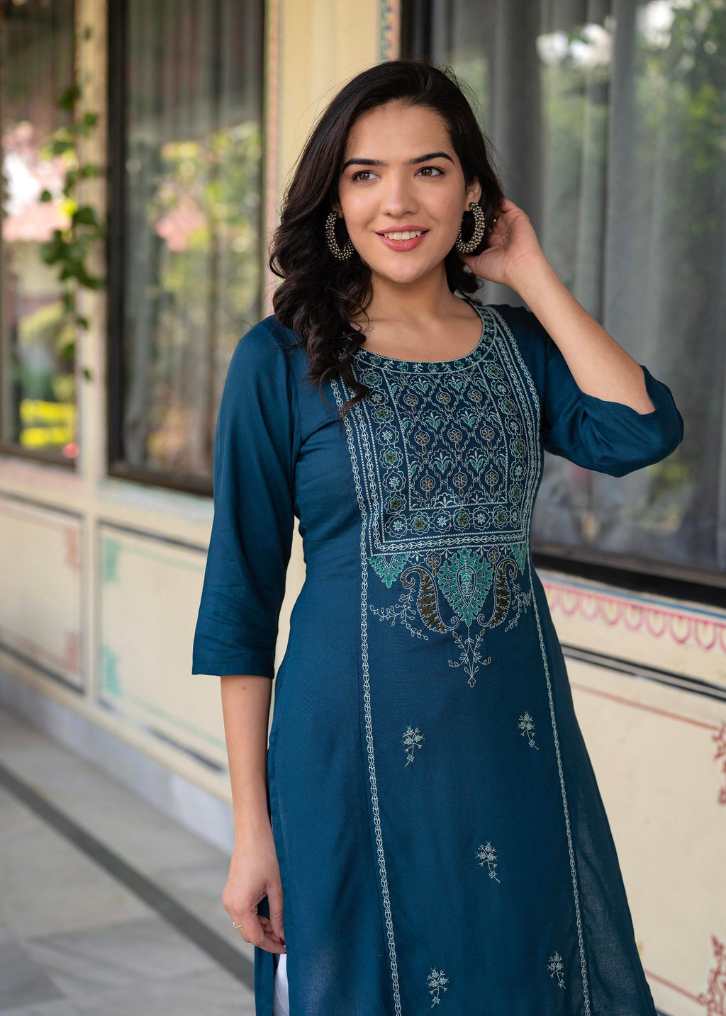 Juniper Blue Viscose Geometric Printed Kurta with Ethnic Motifs & Thread Work | Grocsy