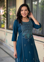 Juniper Blue Viscose Geometric Printed Kurta with Ethnic Motifs & Thread Work | Grocsy