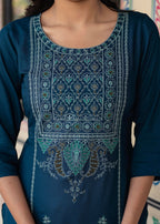 Juniper Blue Viscose Geometric Printed Kurta with Ethnic Motifs & Thread Work | Grocsy