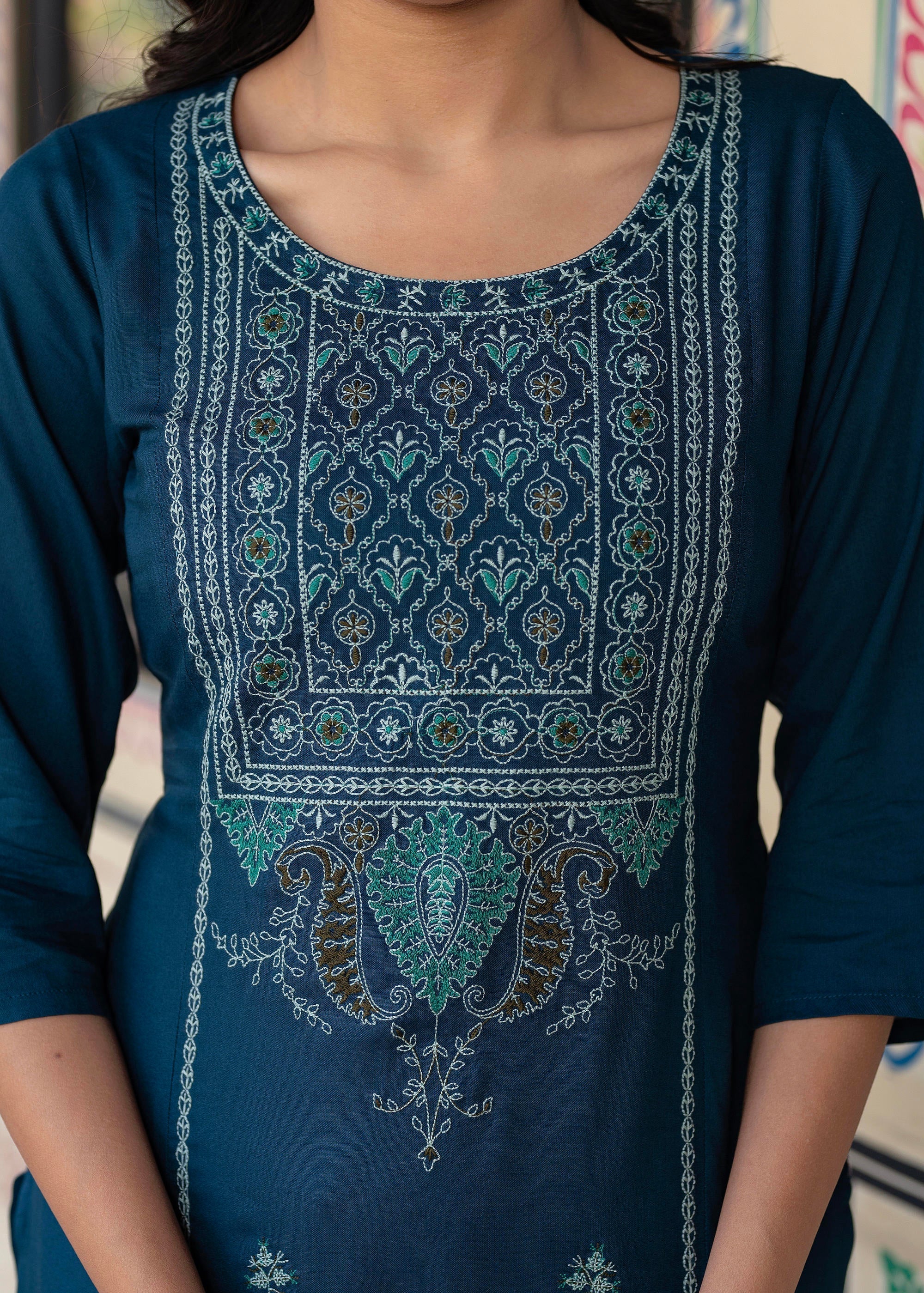 Juniper Blue Viscose Geometric Printed Kurta with Ethnic Motifs & Thread Work | Grocsy