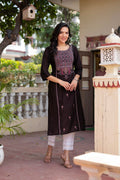 Juniper Dark Coffee Viscose Geometric Printed Kurta with Ethnic Motifs & Thread Work | Grocsy