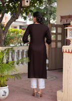Juniper Dark Coffee Viscose Geometric Printed Kurta With Ethnic Motifs & Thread Work | Grocsy