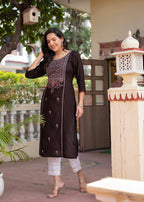 Juniper Dark Coffee Viscose Geometric Printed Kurta With Ethnic Motifs & Thread Work | Grocsy