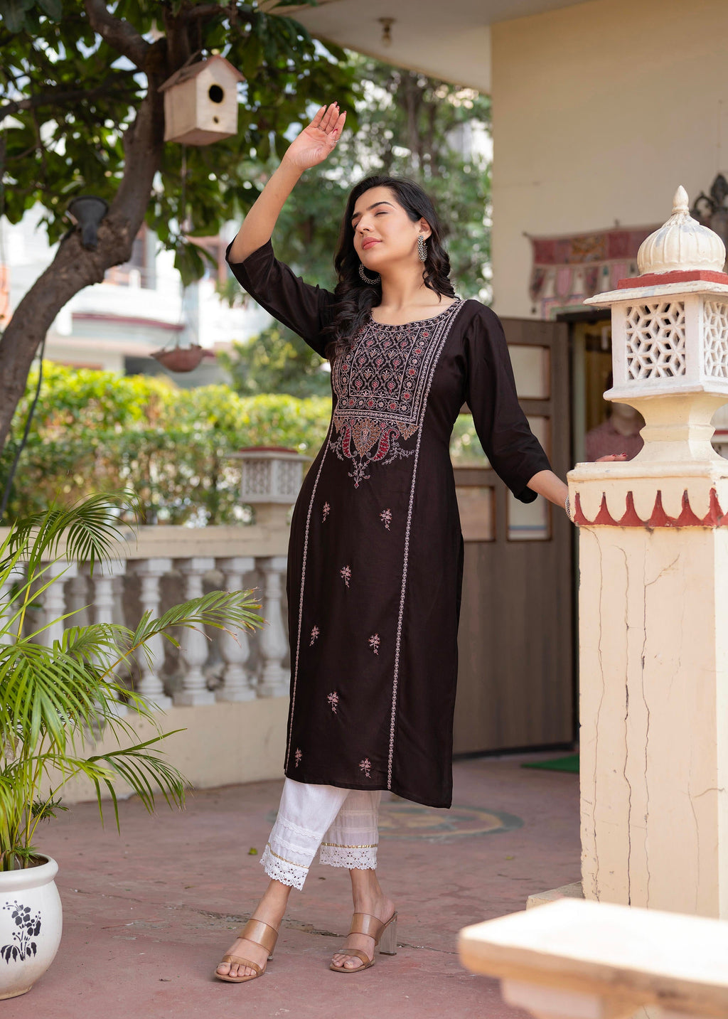 Juniper Dark Coffee Viscose Geometric Printed Kurta with Ethnic Motifs & Thread Work | Grocsy