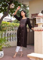 Juniper Dark Coffee Viscose Geometric Printed Kurta With Ethnic Motifs & Thread Work | Grocsy