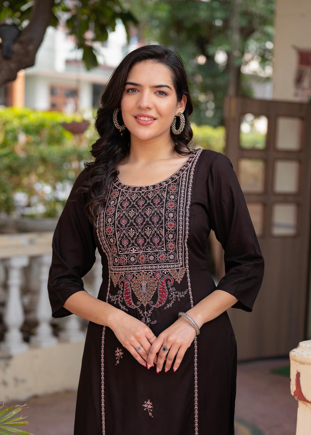Juniper Dark Coffee Viscose Geometric Printed Kurta with Ethnic Motifs & Thread Work | Grocsy
