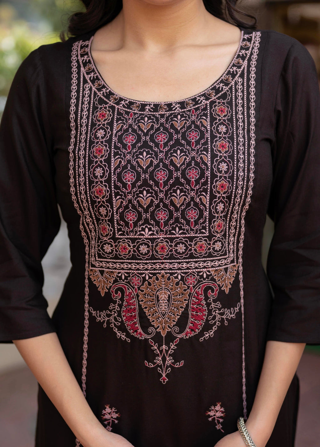 Juniper Dark Coffee Viscose Geometric Printed Kurta with Ethnic Motifs & Thread Work | Grocsy
