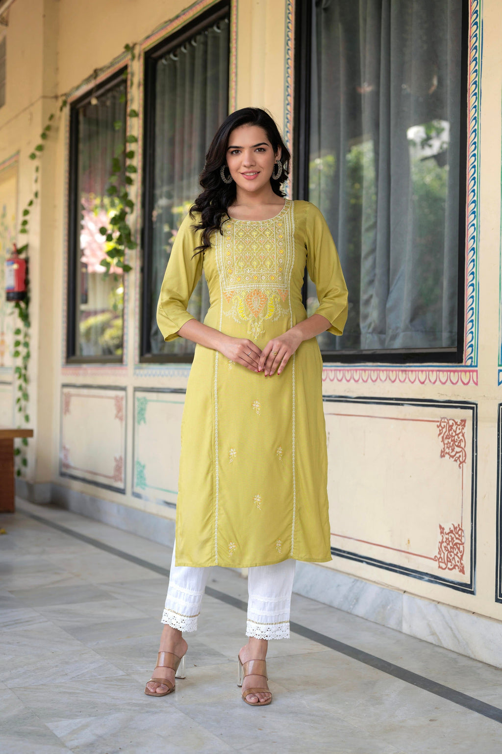 Juniper Lime Viscose Geometric Printed Kurta | Grocsy