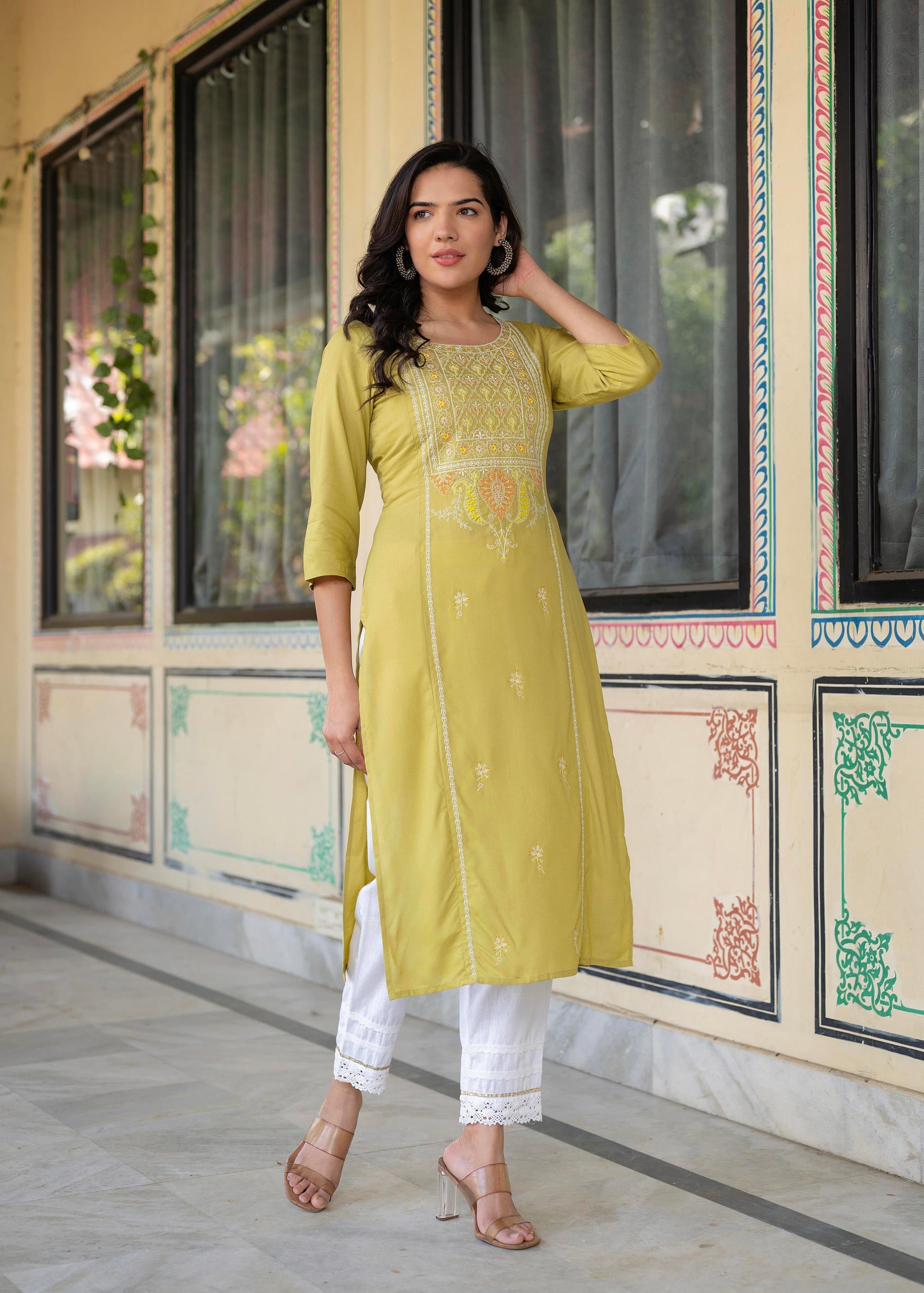Juniper Lime Viscose Geometric Printed Kurta | Grocsy
