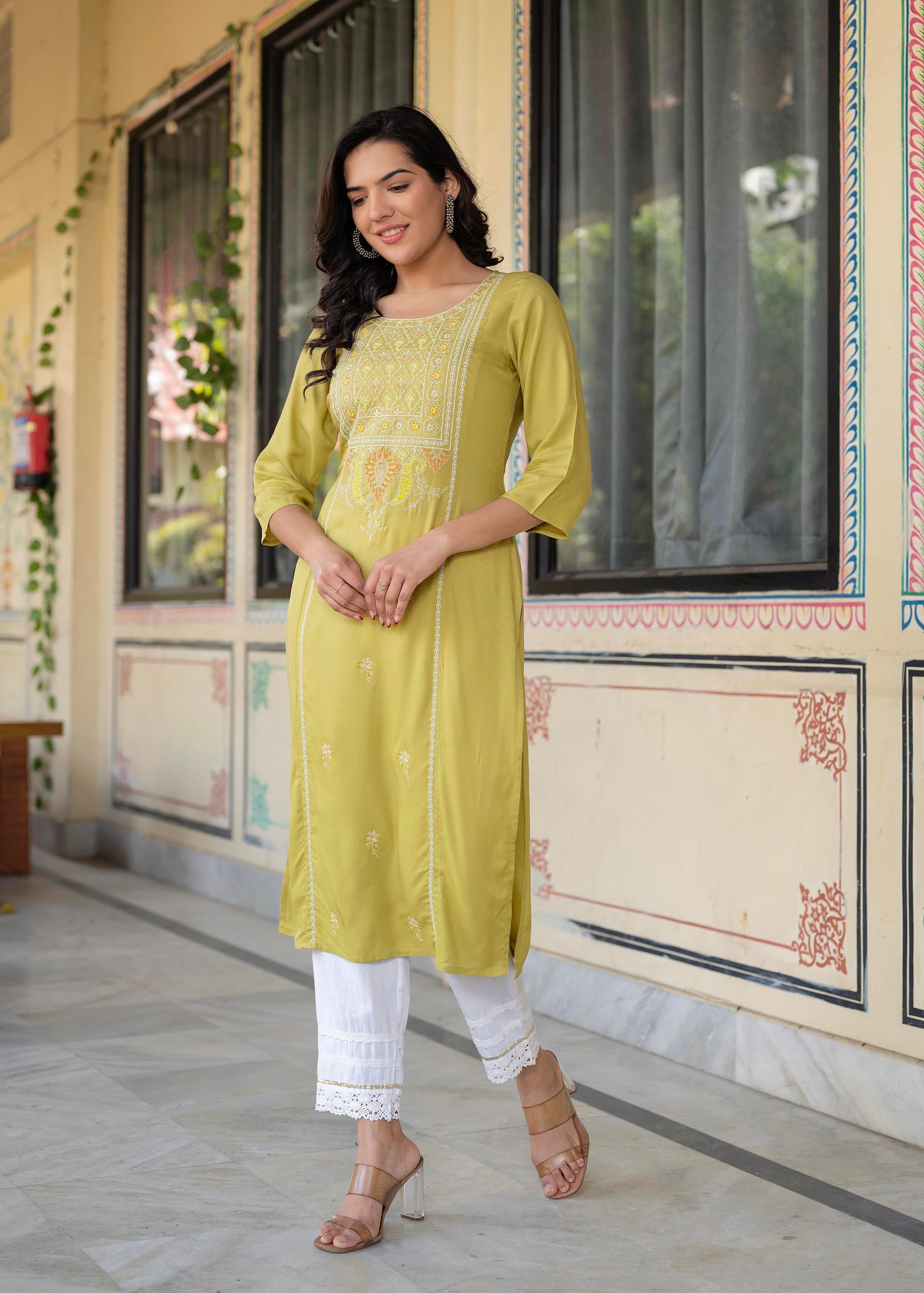 Juniper Lime Viscose Geometric Printed Kurta | Grocsy