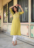 Juniper Lime Viscose Geometric Printed Kurta | Grocsy