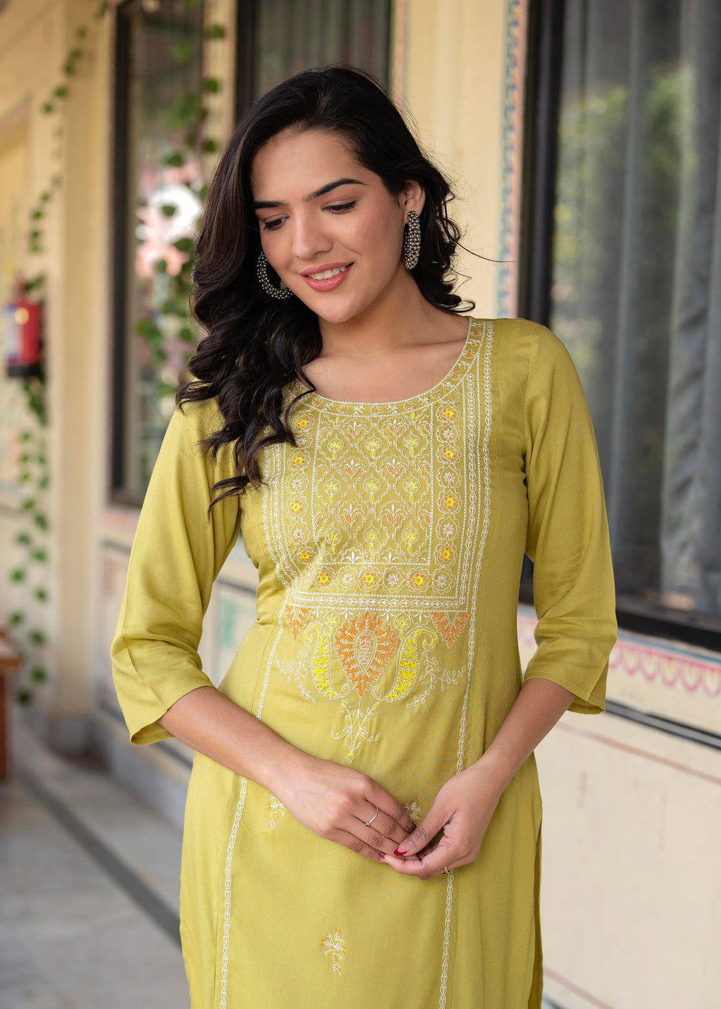 Juniper Lime Viscose Geometric Printed Kurta | Grocsy
