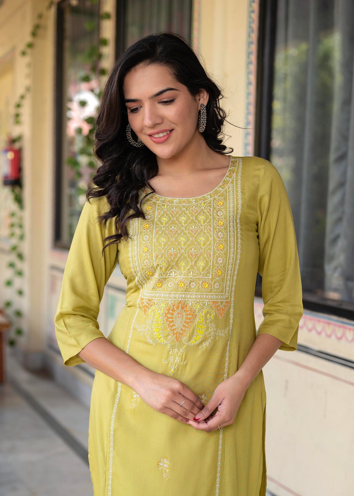 Juniper Lime Viscose Geometric Printed Kurta | Grocsy