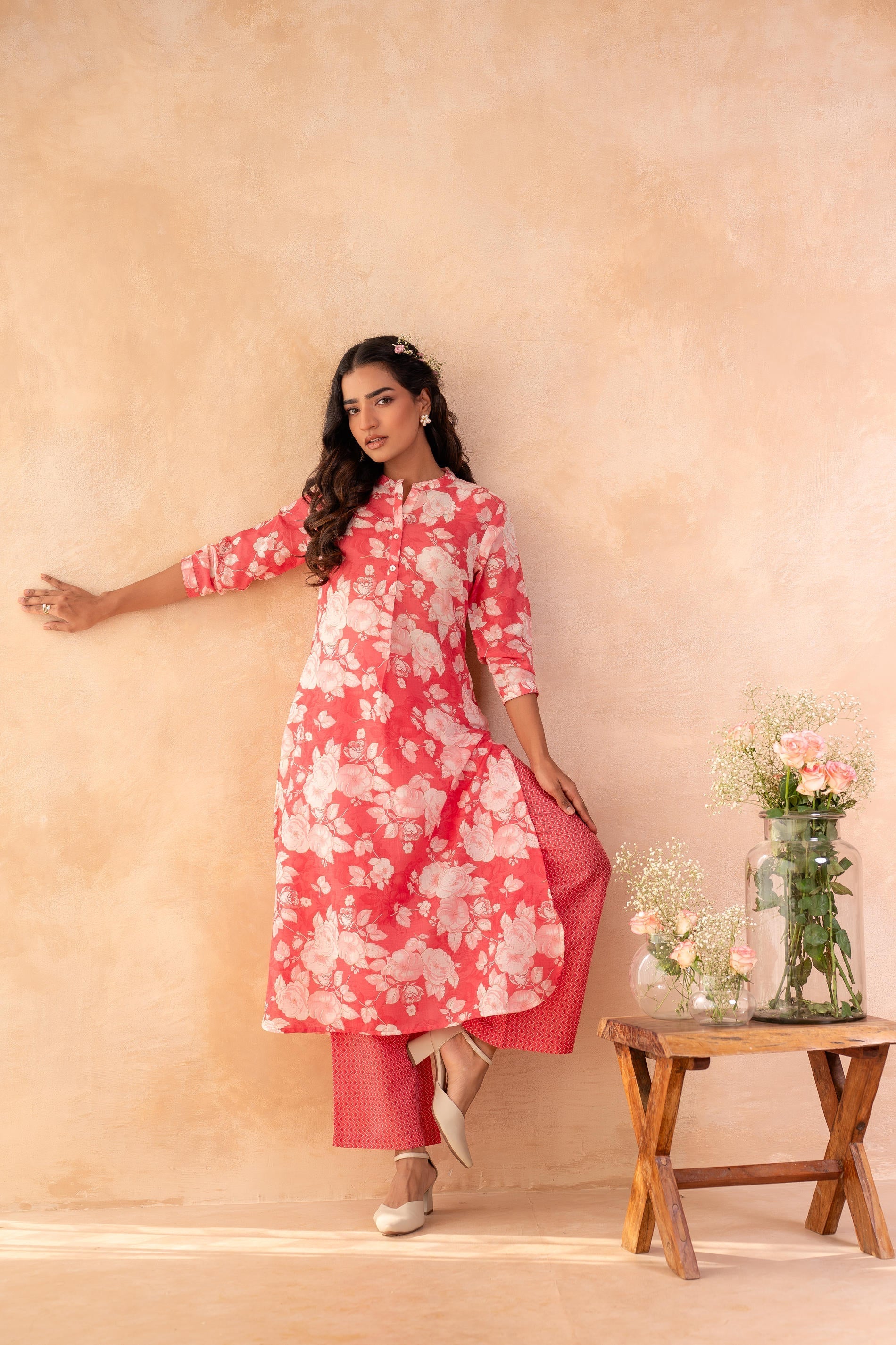 Juniper Red Bloom Floral Kurta And Pant Set | Grocsy
