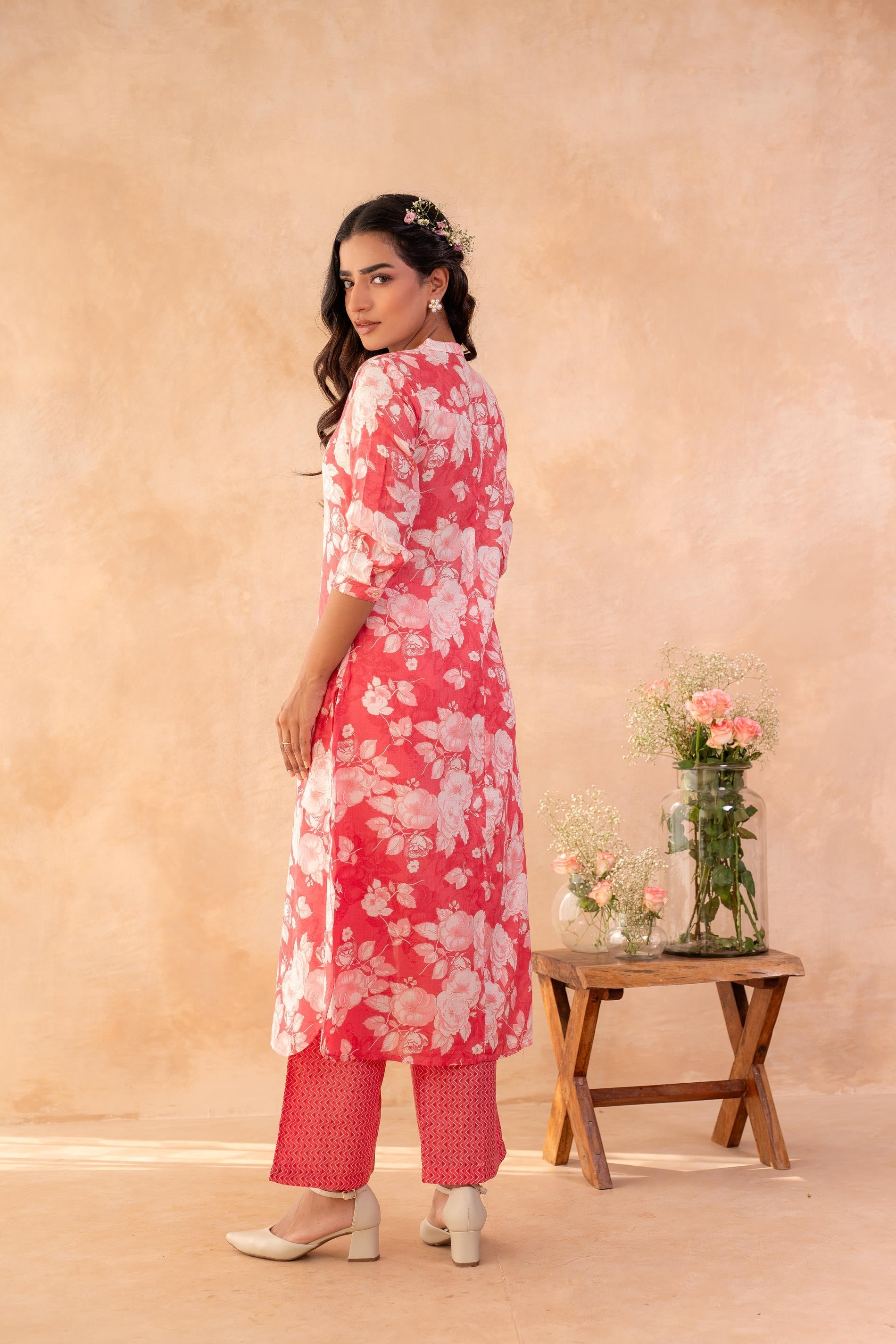 Juniper Red Bloom Floral Kurta And Pant Set | Grocsy