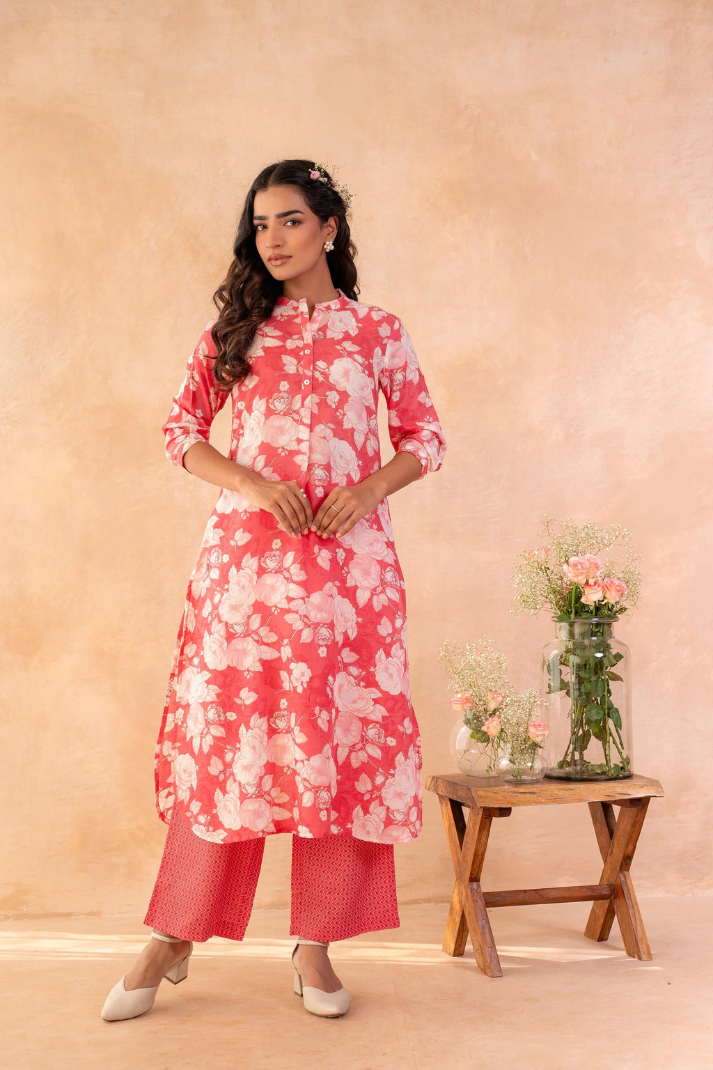 Juniper Red Bloom Floral Kurta And Pant Set | Grocsy