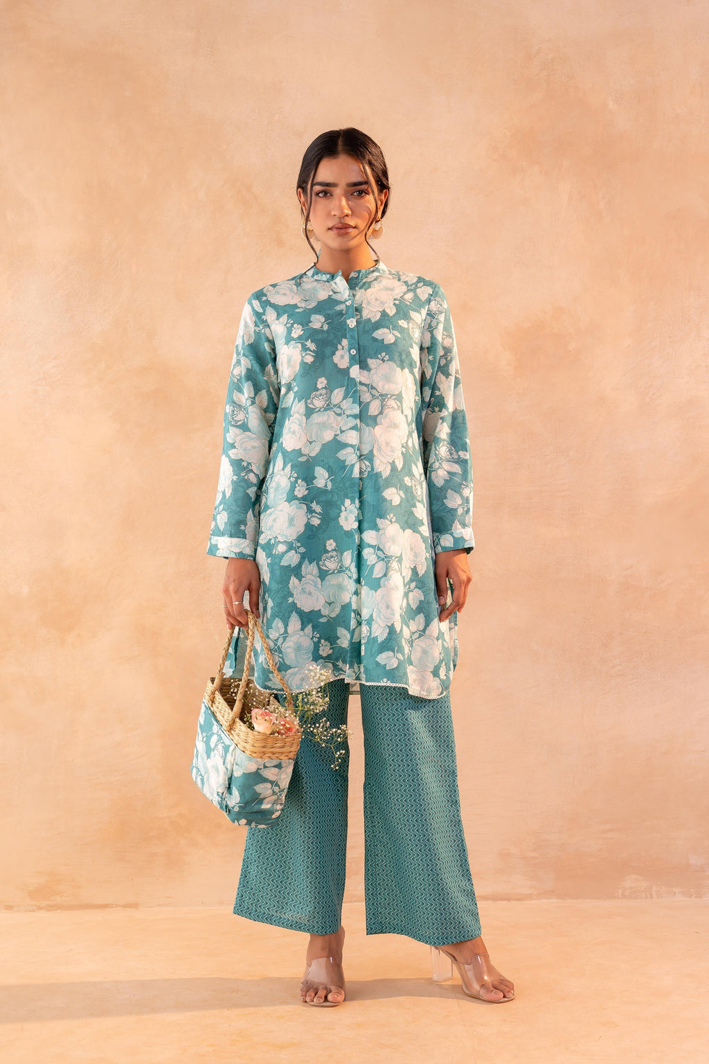 Juniper Teal Garden Bloom Kurta And Pant Set | Grocsy