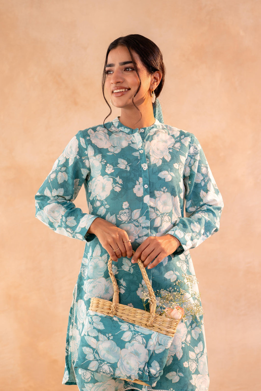 Juniper Teal Garden Bloom Kurta And Pant Set | Grocsy