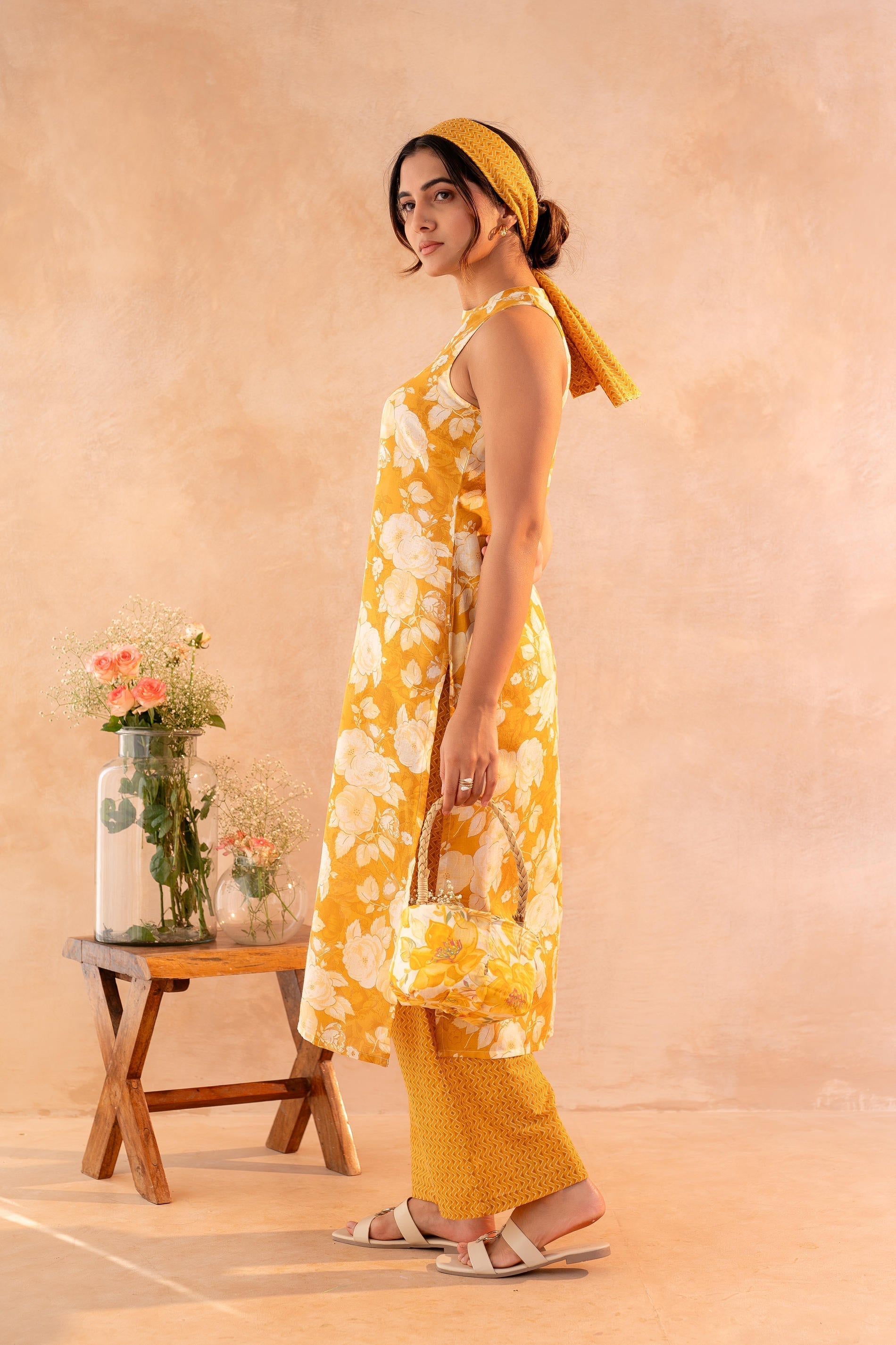 Juniper Sunlit Bloom Mustard Kurta And Pant Set | Grocsy