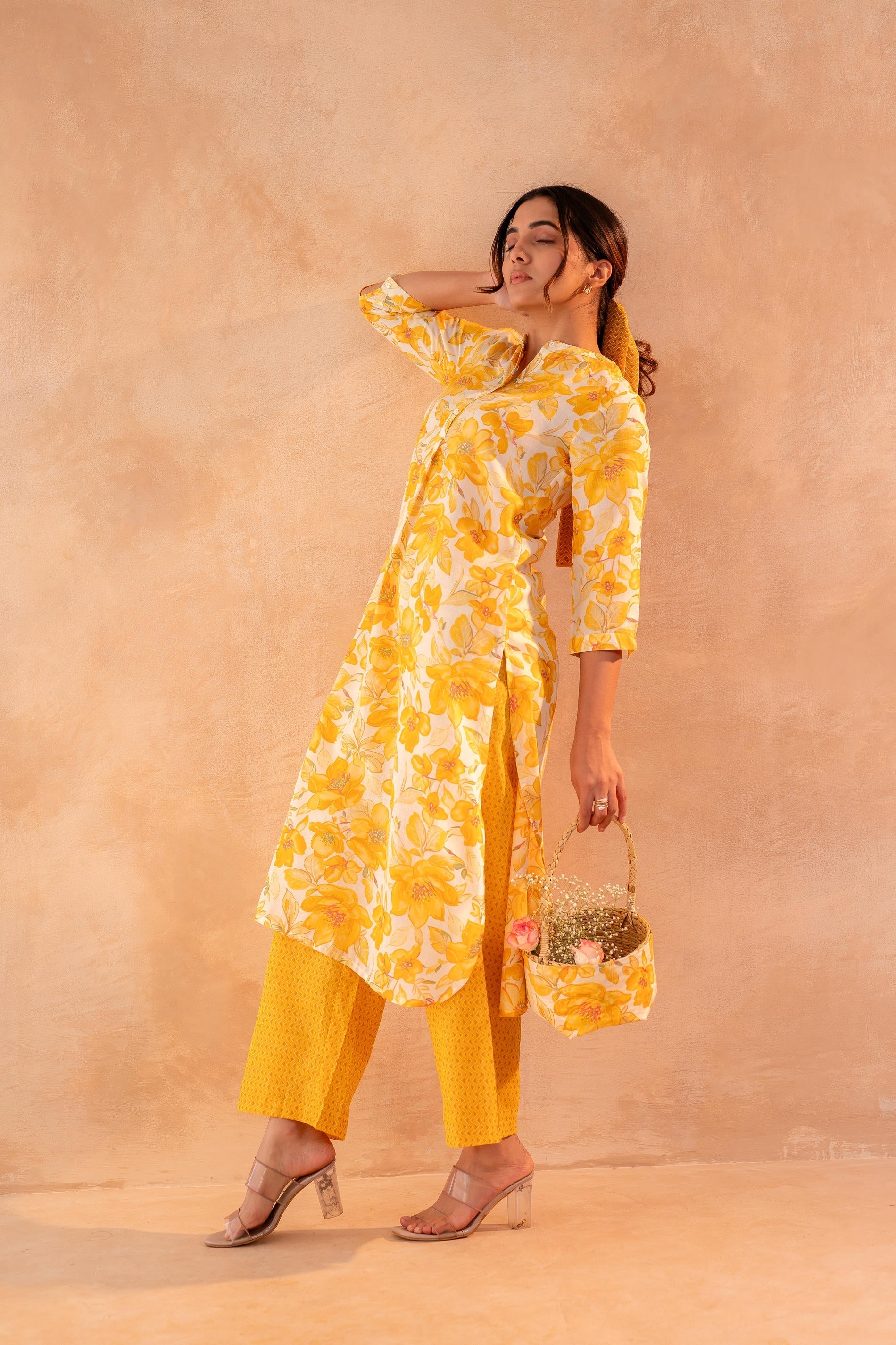 Juniper Golden Petal Daywear Kurta And Pant Set | Grocsy