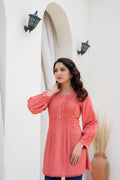 Juniper Coral Solid Viscose Tunic With Buttons & Lace | Grocsy