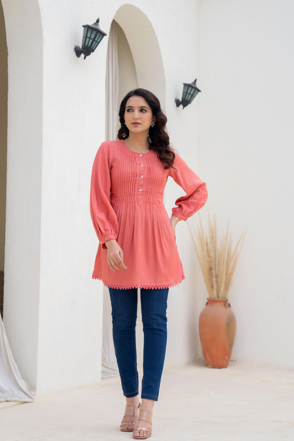 Juniper Coral Solid Viscose Tunic With Buttons & Lace | Grocsy