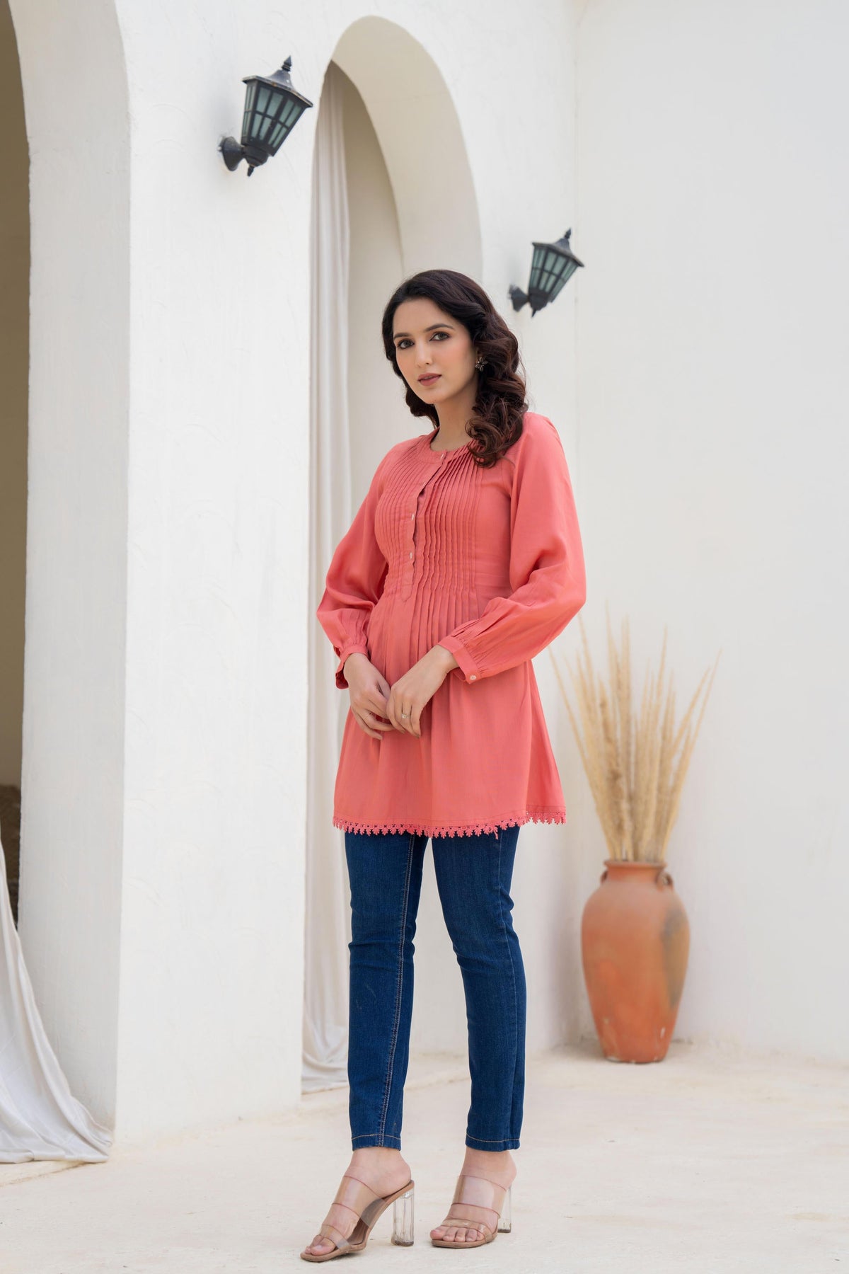 Juniper Coral Solid Viscose Tunic With Buttons & Lace | Grocsy