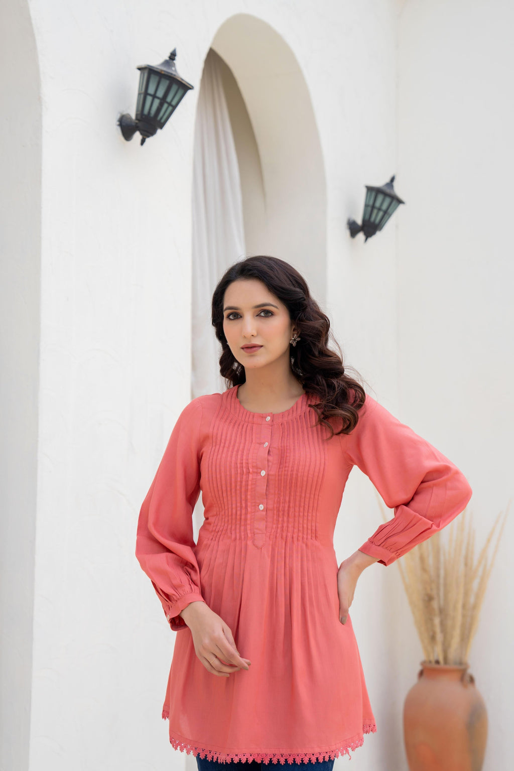 Juniper Coral Solid Viscose Tunic With Buttons & Lace | Grocsy