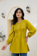 Juniper Lime Solid Viscose Tunic With Buttons & Lace | Grocsy