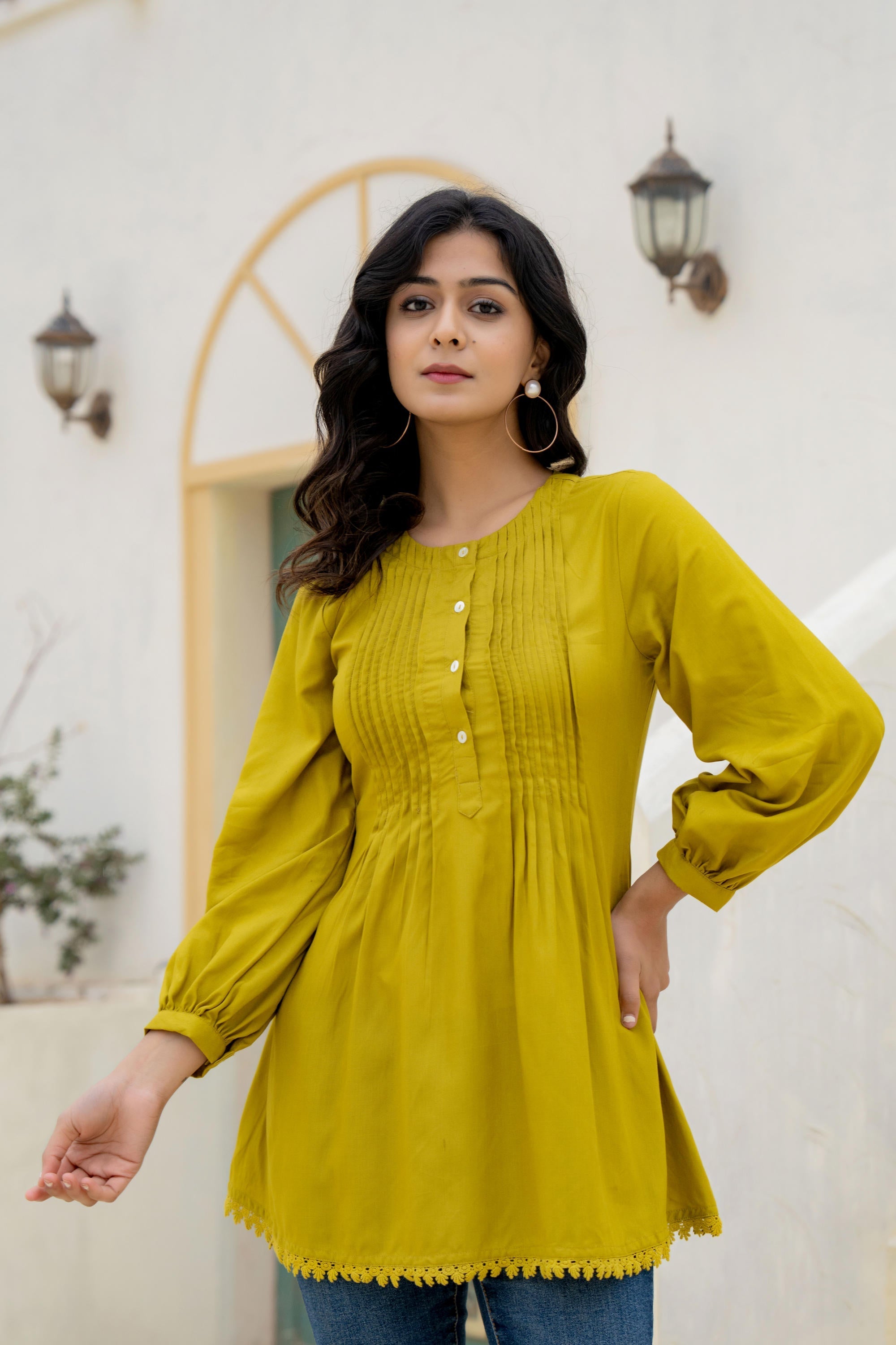 Juniper Lime Solid Viscose Tunic With Buttons & Lace | Grocsy