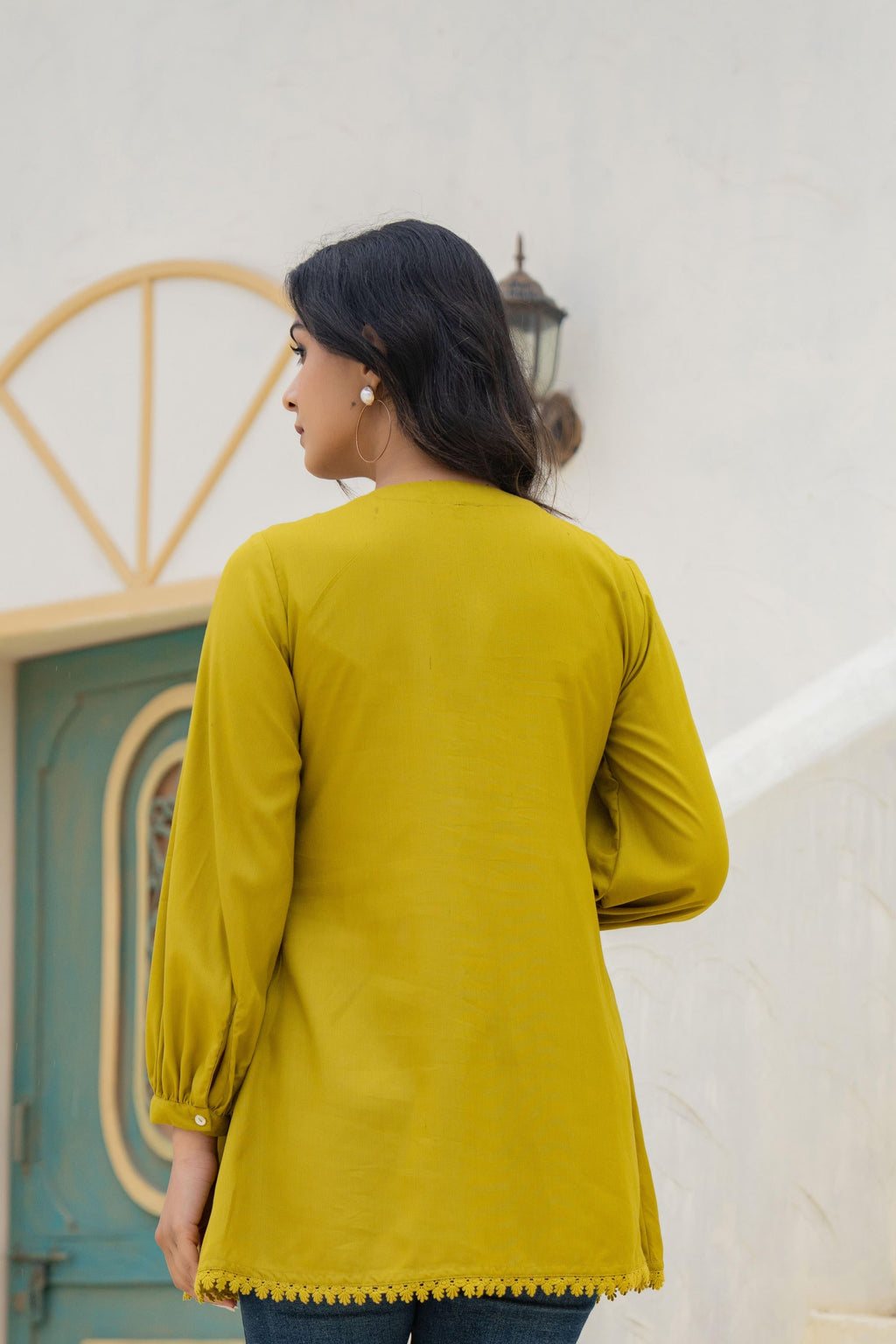 Juniper Lime Solid Viscose Tunic With Buttons & Lace | Grocsy