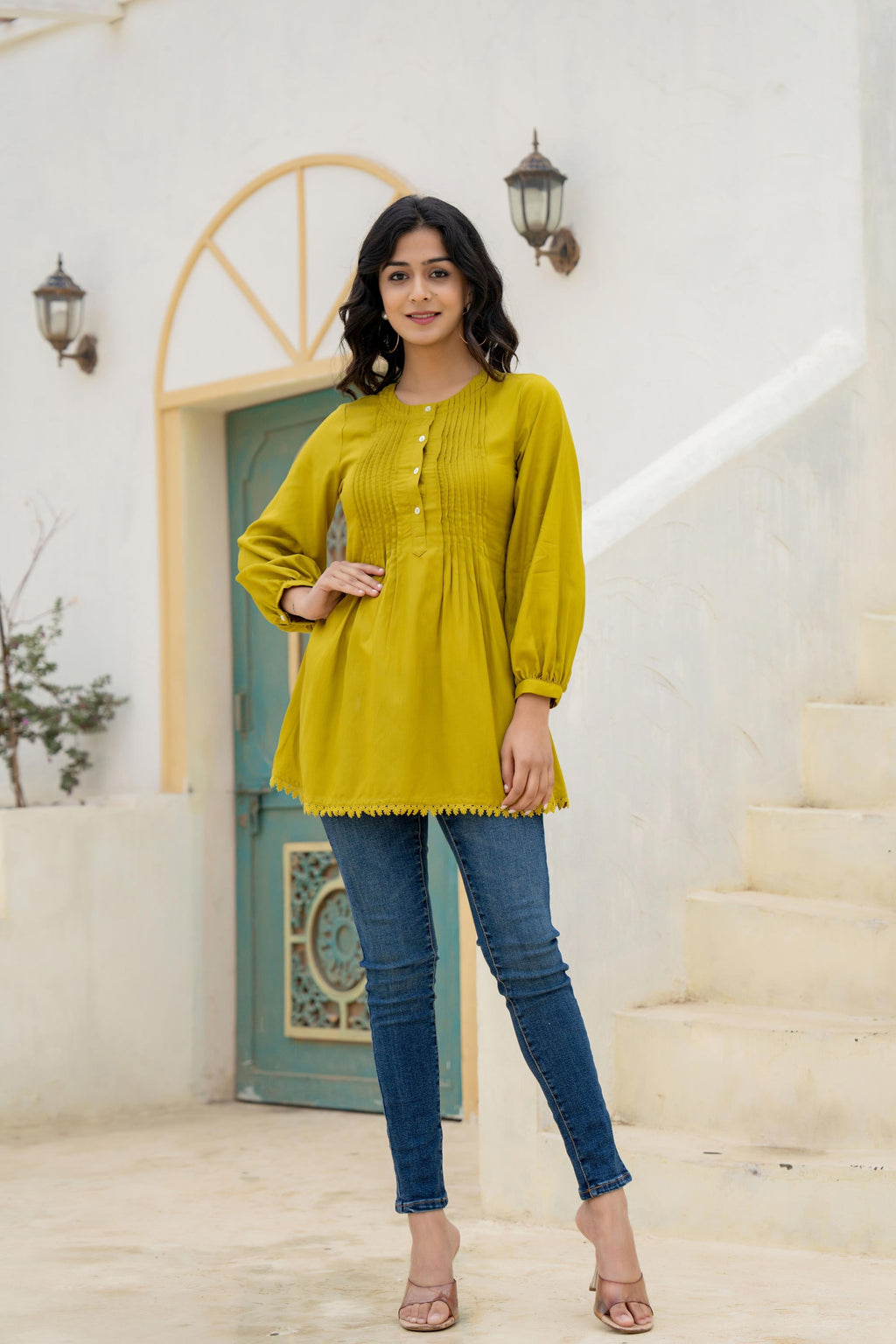 Juniper Lime Solid Viscose Tunic With Buttons & Lace | Grocsy