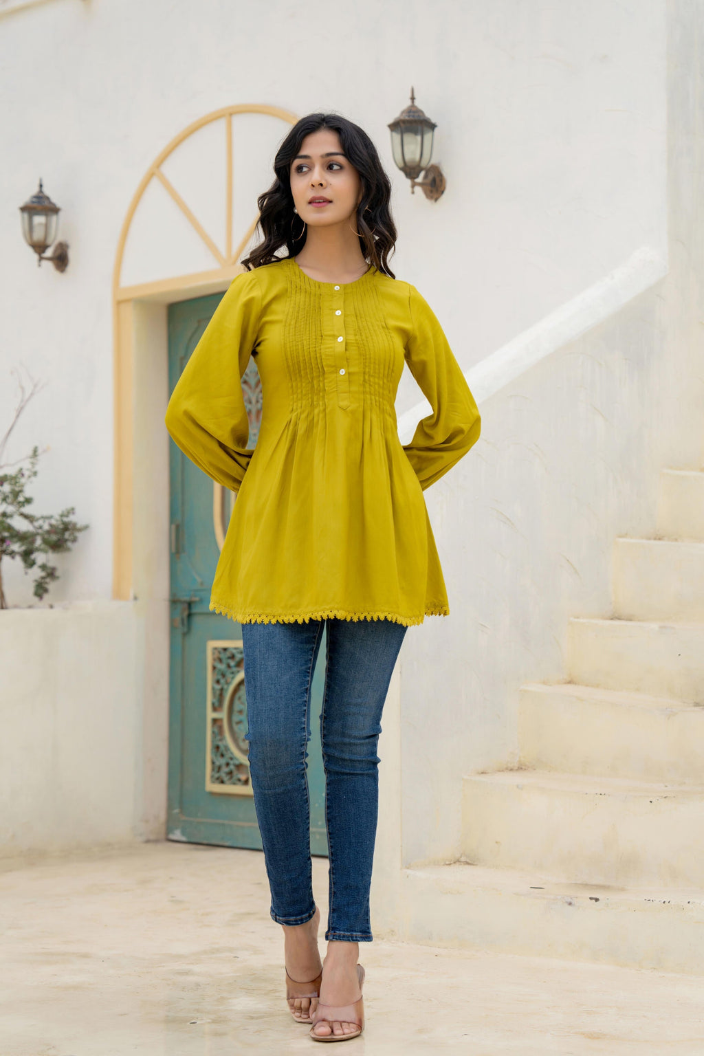 Juniper Lime Solid Viscose Tunic With Buttons & Lace | Grocsy