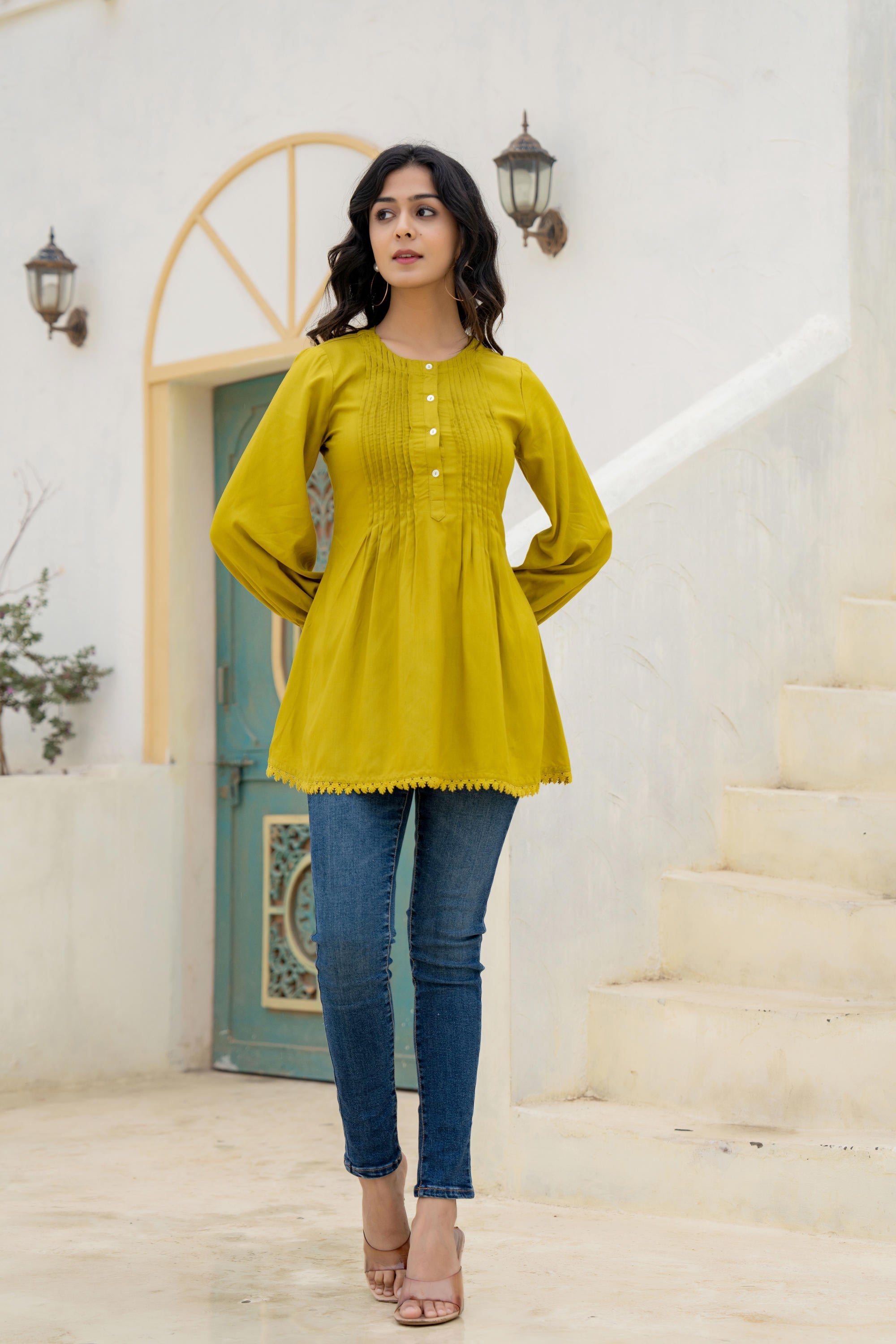 Juniper Lime Solid Viscose Tunic With Buttons & Lace | Grocsy