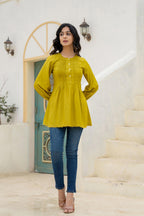 Juniper Lime Solid Viscose Tunic With Buttons & Lace | Grocsy