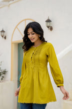 Juniper Lime Solid Viscose Tunic With Buttons & Lace | Grocsy
