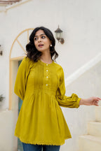 Juniper Lime Solid Viscose Tunic With Buttons & Lace | Grocsy