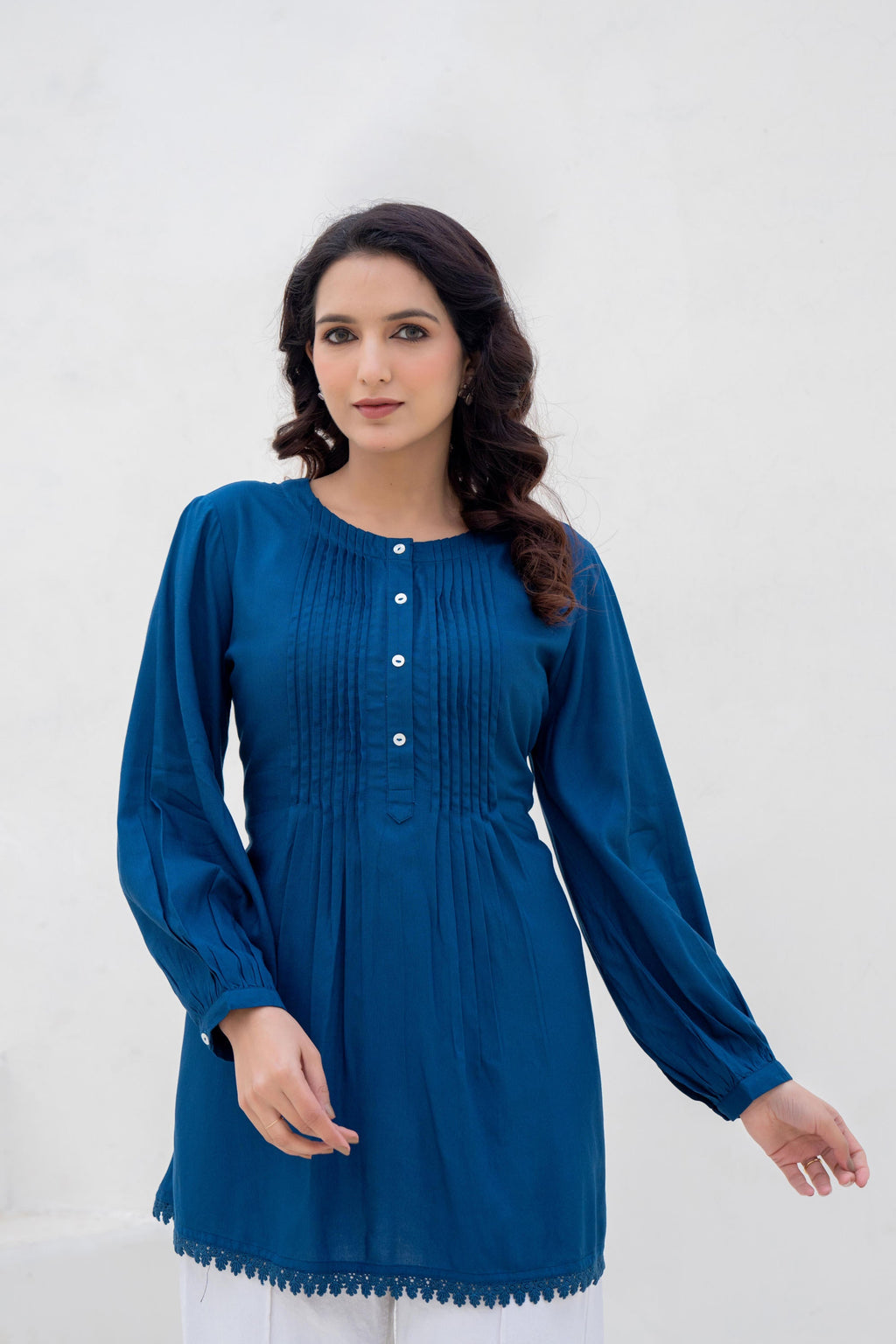 Juniper Navy Solid Viscose Tunic With Buttons & Lace | Grocsy