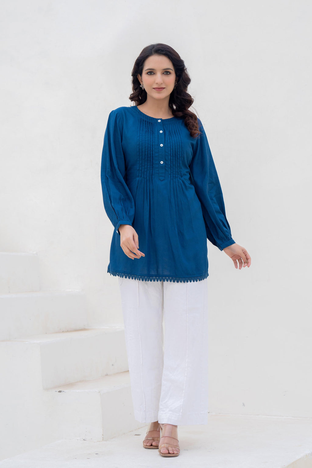 Juniper Navy Solid Viscose Tunic With Buttons & Lace | Grocsy