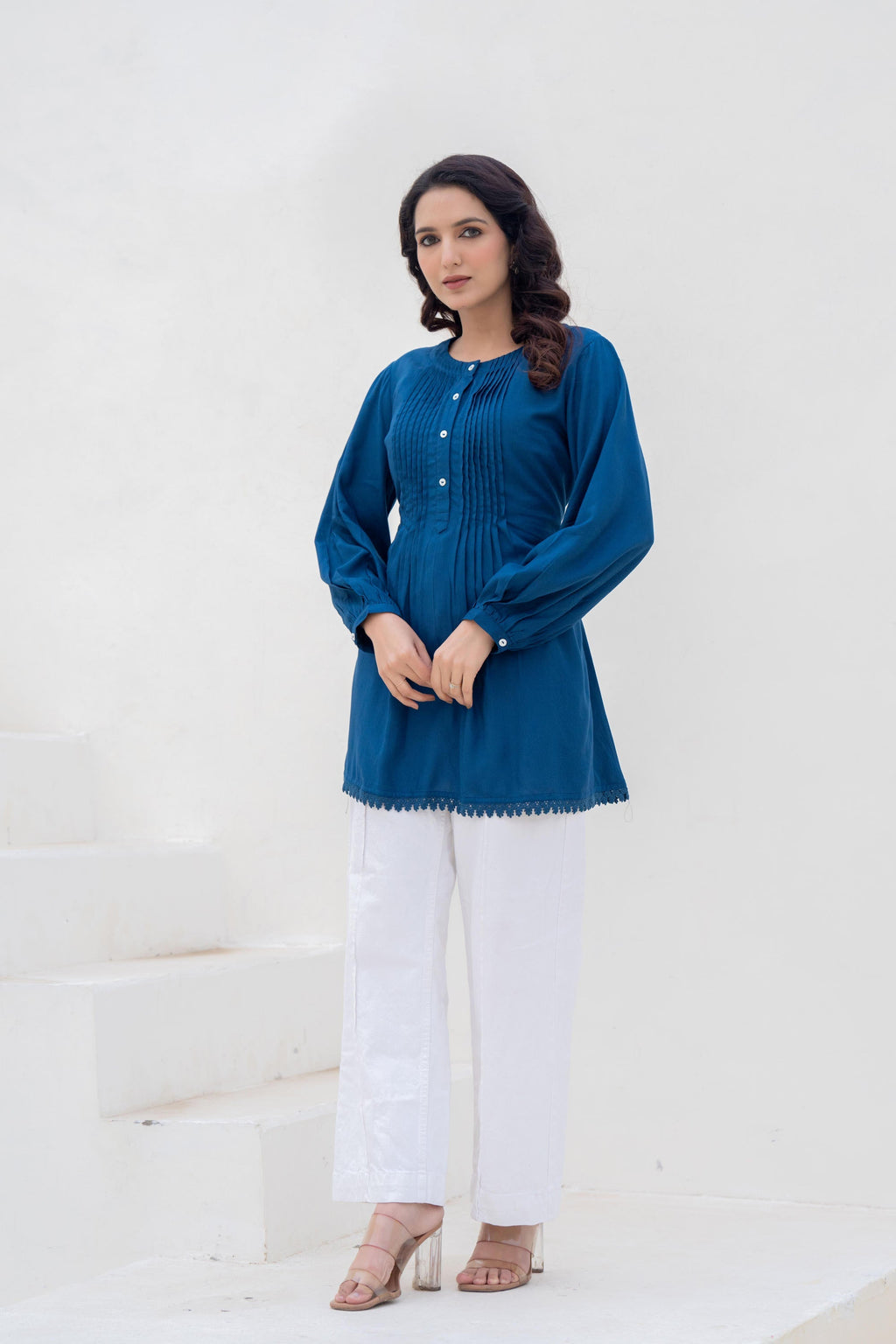 Juniper Navy Solid Viscose Tunic With Buttons & Lace | Grocsy