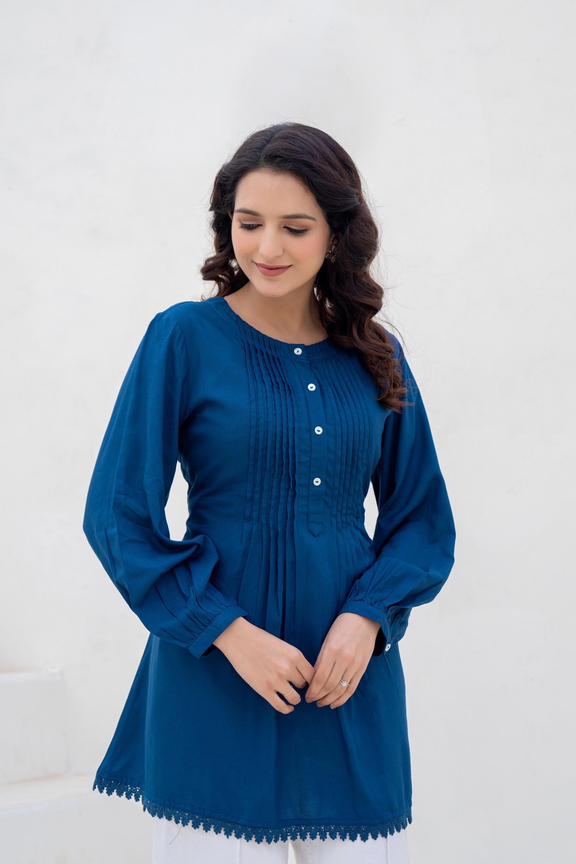 Juniper Navy Solid Viscose Tunic With Buttons & Lace | Grocsy