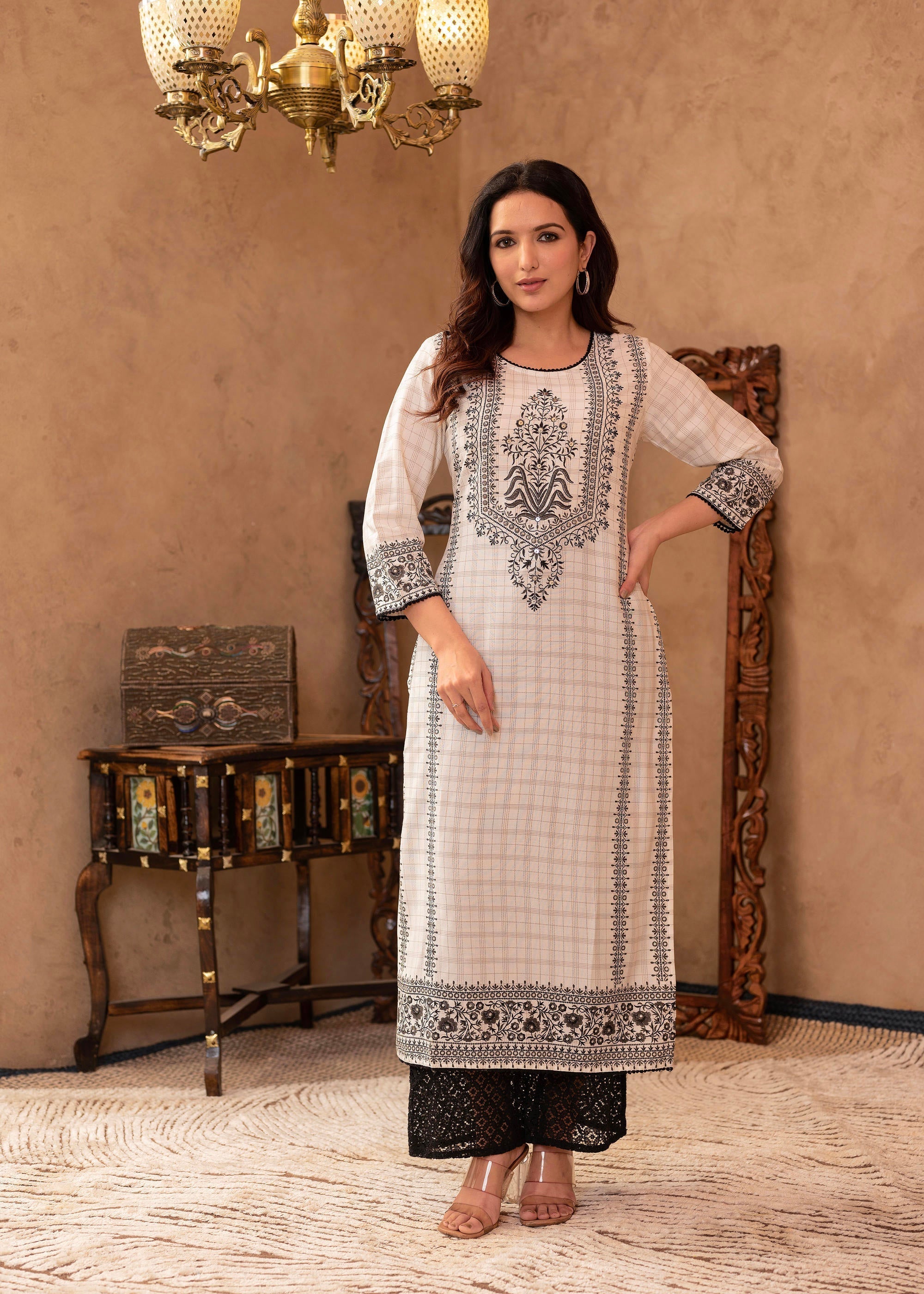 Juniper Black & White Ethnic Motif Printed Viscose Kurta with Cotton Lace & Sequins | Grocsy