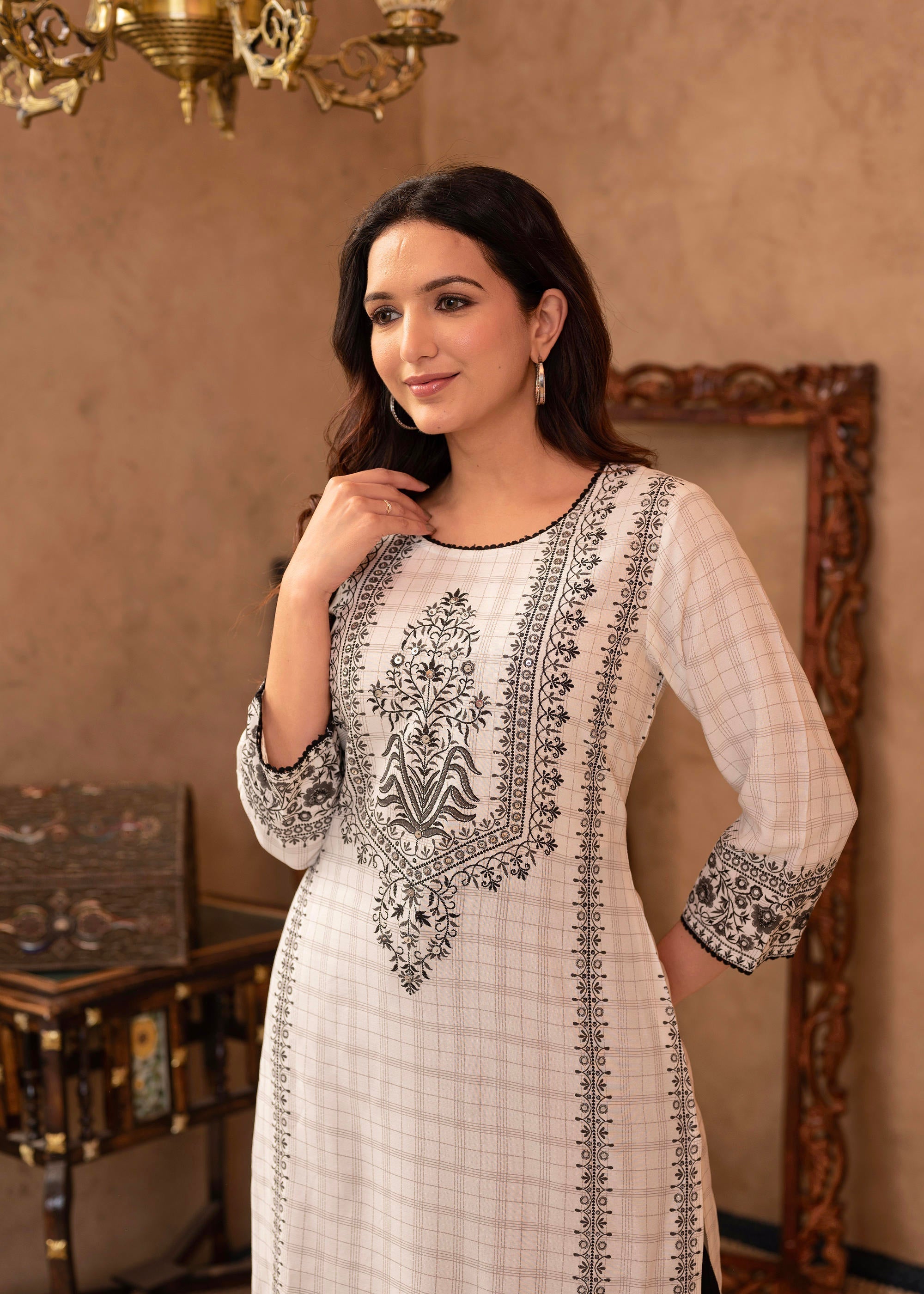 Juniper Black & White Ethnic Motif Printed Viscose Kurta with Cotton Lace & Sequins | Grocsy