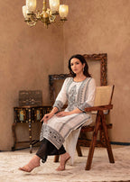 Juniper Black & White Ethnic Motif Printed Viscose Kurta with Cotton Lace & Sequins | Grocsy