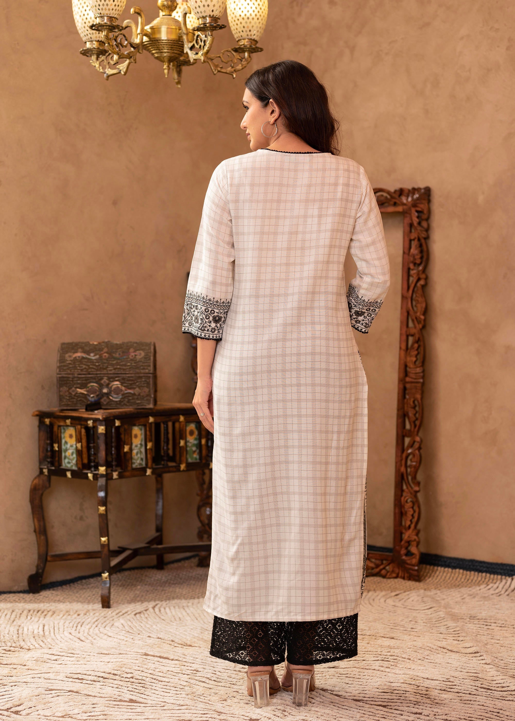 Juniper Black & White Ethnic Motif Printed Viscose Kurta With Cotton Lace & Sequins | Grocsy