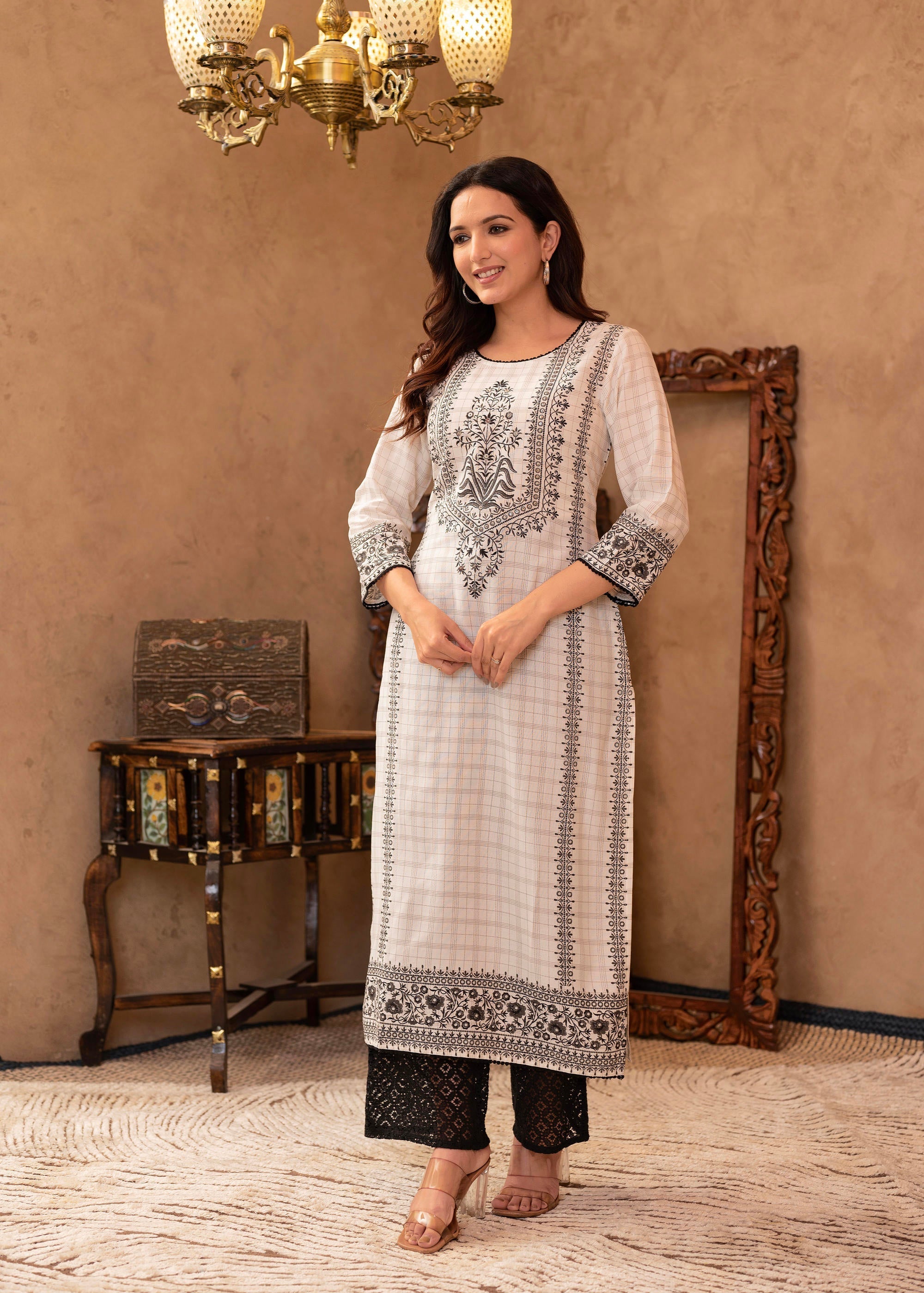 Juniper Black & White Ethnic Motif Printed Viscose Kurta with Cotton Lace & Sequins | Grocsy